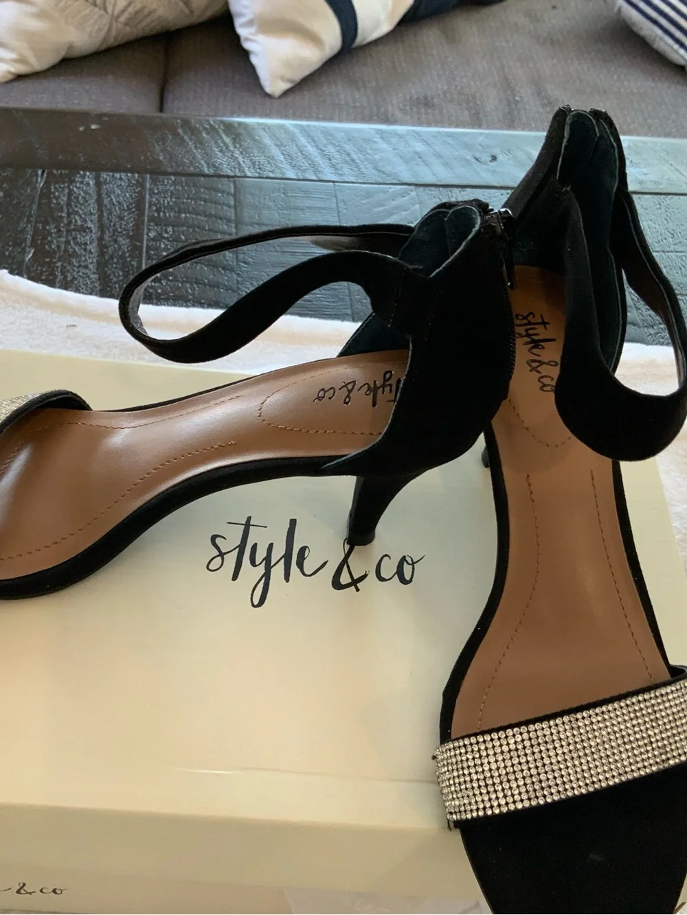 Style & Co. Black Ankle-Strap Rhinestone Sandals new 2” heels size 7.5. SKU 3276